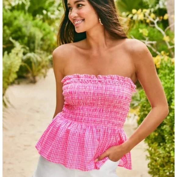 Lilly Pulitzer Tops - Lilly Pulitzer Jadis Top Pink Isle Along the Same Line Gingham Strapless Top L